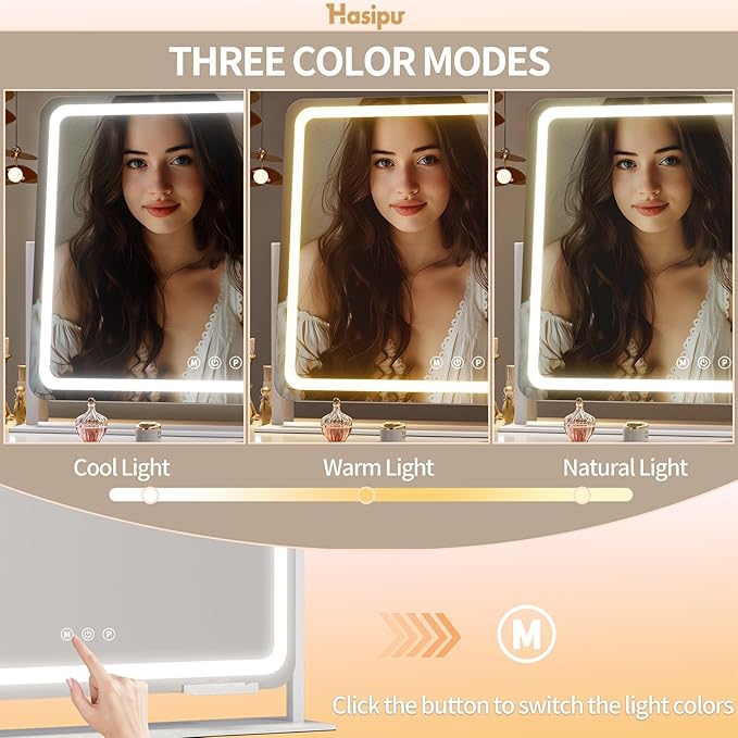 Hasipu Vanity Mirror with Lights, 25" x 21" LED Makeup Mirror, Light up Mirror with 10X Magnification and Phone Holder, USB Charging Port, Smart Touch 3 Colors Dimmable, 360° Rotation (White)