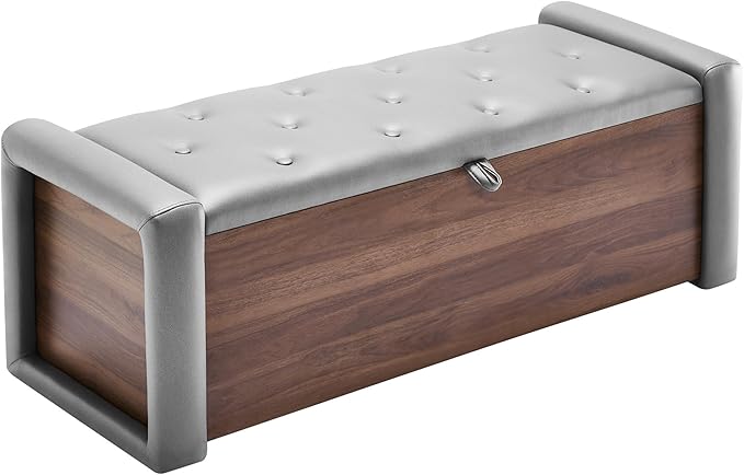 48" Large Storage Ottoman Bench, Faux Leather Upholstered Bed Bench with Button Tufted, End of Bed Ottoman with Safety Hinge for Bedroom, Living Room, Window，or Entryway, Drak Grey Shoe Storage Chest