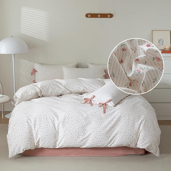EAVD Garden Style Small Pink Floral Comforter Set Full Soft Fluffy Microfiber Chic Cute Pink Floral Bedding Set with 2 Pillowcases Fresh Cottagecore Botanical Comforter Set for All-Season