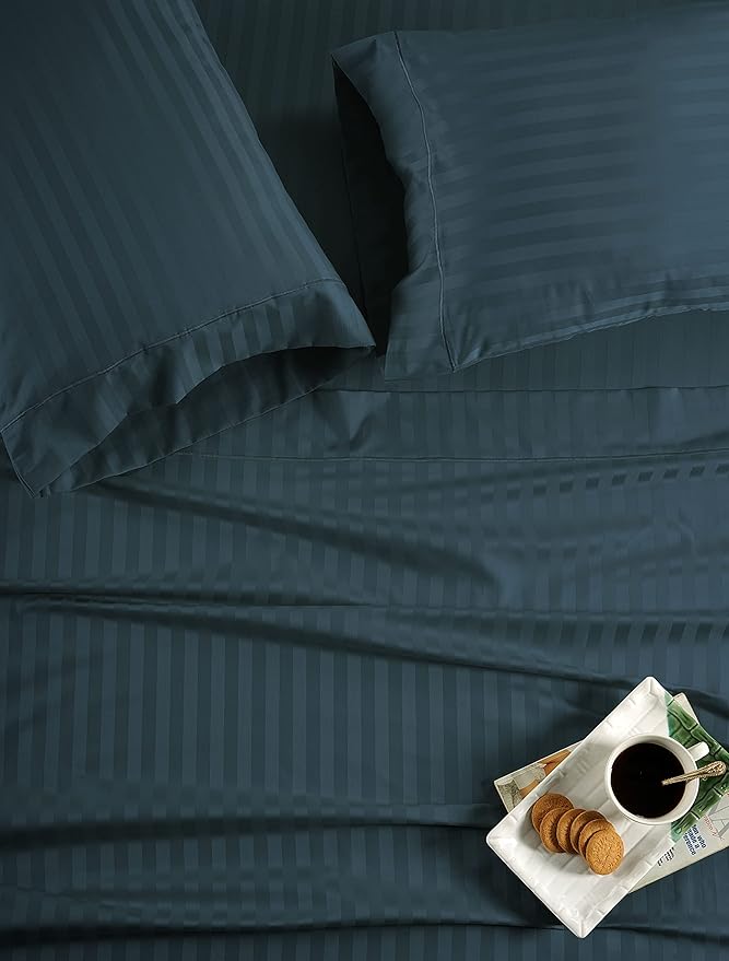 LANE LINEN 100% Egyptian Cotton California King Sheets - 4 Pc Sateen Sheet Sets Luxury Bedding & Pillowcases 17" Deep Pocket Dark Denim Stripe