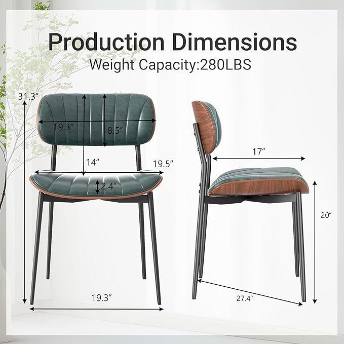 Mid Century Modern Dining Chairs Set of 4,Upholstered Faux Leather Kitchen Chairs with Walnut Bentwood Back and Metal Legs for Kitchen Dining Room Living Room, Green