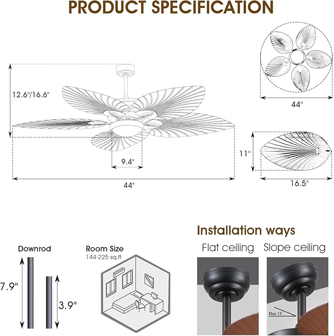 Tropical Ceiling Fans with Lights and Remote/APP Control, 44 Inch Palm Leaf Ceiling Fan with LED Lights, Outdoor Ceiling Fans for Patios Porch, Reversible Quiet Motor, Dimmable, Dark Brown