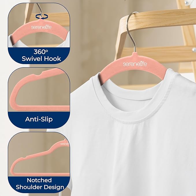 SereneLife 30 Pack Velvet Hangers – Non-Slip Clothes Hangers with Heavy Duty Design, Slim Space-Saving Coat Hangers with 360° Swivel Hook, Strong Lightweight Closet Organizer Set for Clothes (Pink)