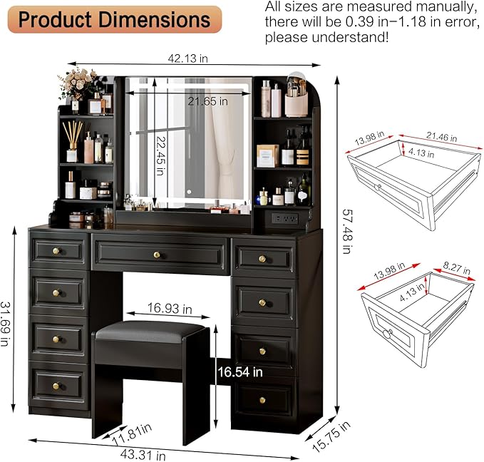 43" Makeup Vanity Desk with Mirror and Lights, & Power Outl, Glass Top Big Vanity Table with 9 Drawers& 8 Storage Shelves, Dressing Table Set with Chair for Bedroom, Black