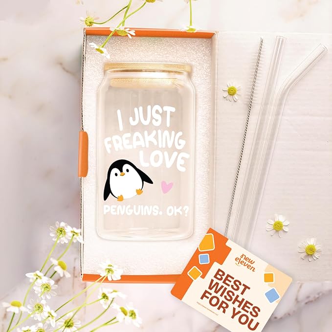 NewEleven Penguin Christmas Gifts For Women - Penguin Stuff For Pengy Lovers - Cute Funny Christmas Gift, Gift For Women, Best Friend, Sister, Daughter, Coworker - 16 Oz Coffee Glass