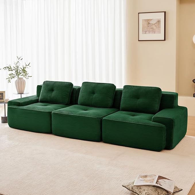 115" Modern Compressed Boneless Couch, 3 Seater Sectional Couches for Living Room, Green Corduroy Cloud Modular Sectional Sofa, Comfy Memory Foam, Extra Deep, Sofas para Sala, No Assembly