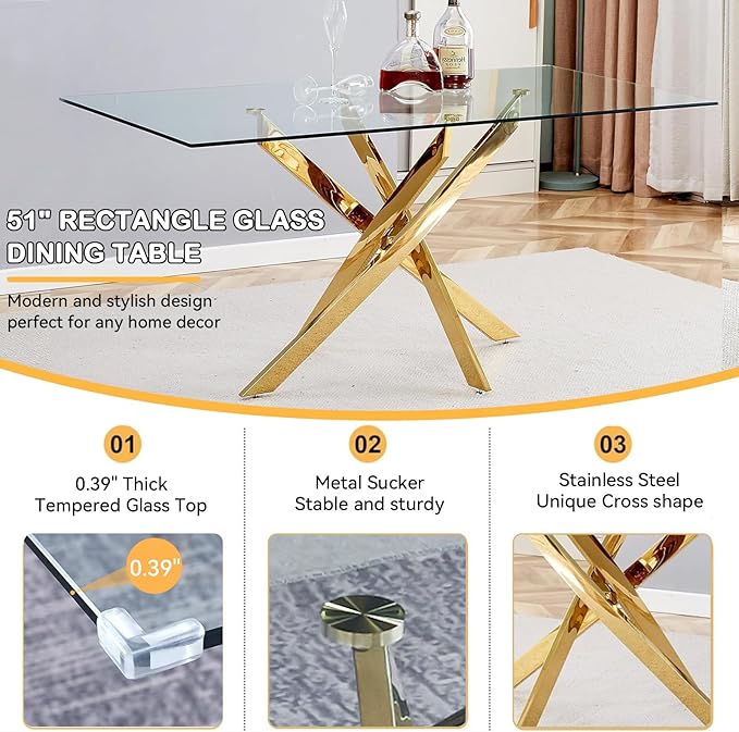 Goujxcy 51" Glass Dining Table Set for 4, Modern Kitchen Table and Chairs Set w/Steel Legs, 5-Piece Dining Table Set w/Glass Gold Dining Table and 4 Blue Velvet Chairs for Kitchen Dining Room