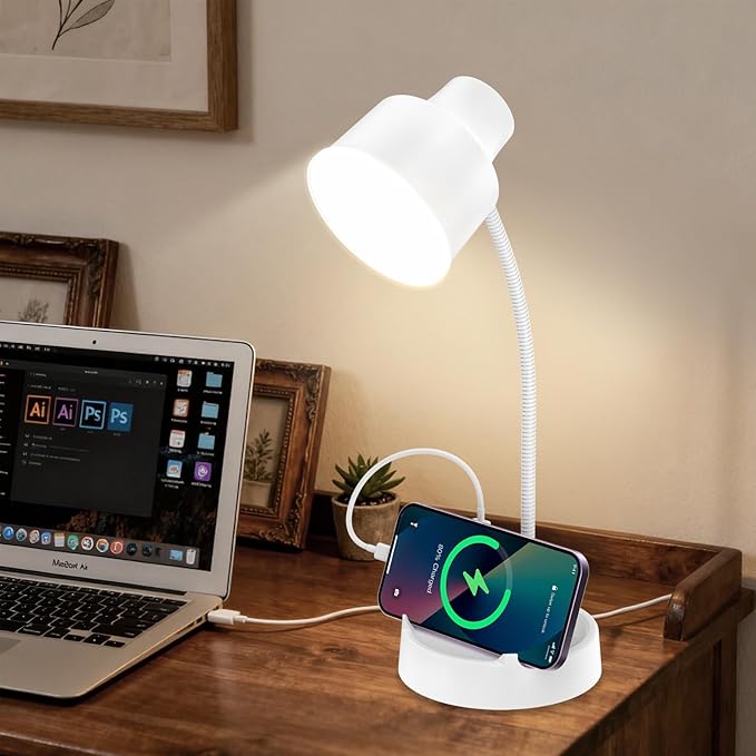 Energetic LED Desk Lamp with Phone Holder, Table Lamp with AC Outlet, Adjustable Flexible Gooseneck, 4000K, Eye-Care Reading Light for Bedroom, Study, Computer Desk, Living Room, Home Office, White