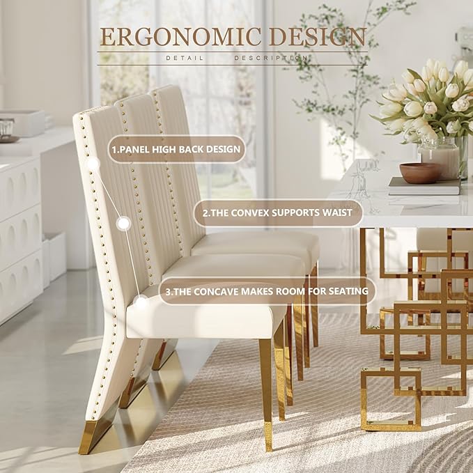 White and Gold Dining Chairs Set of 2, Glam White Leather Dining Chair with Nailhead Trims, High Back Dining Room Chairs