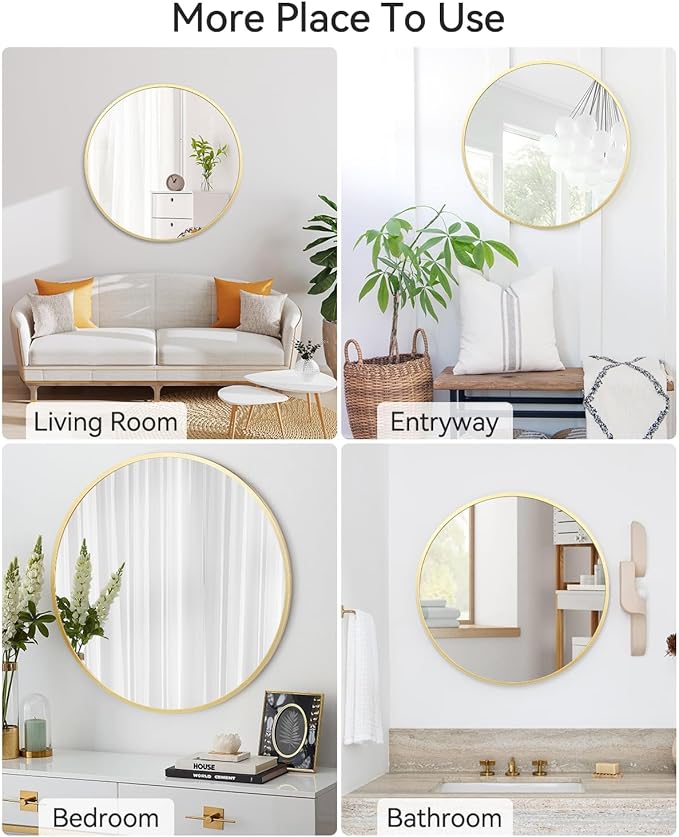 32 Inch Golden Circle Wall Mirror, Modern Round Metal Framed Mirror for Bathroom, Entryway, Living Room, Bedroom, Dining Room, Hallway, Decorative Home Décor, Easy Mount