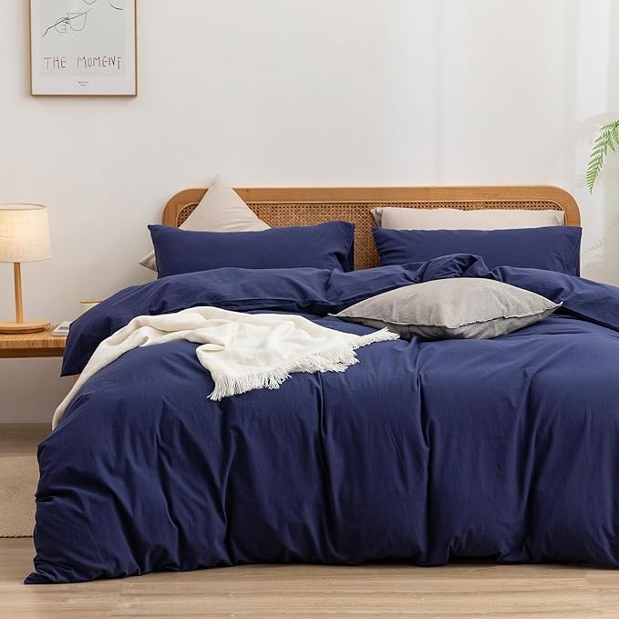 BESTOUCH Duvet Cover Set 100% Washed Cotton Linen Feel Super Soft Comfortable Chic Lightweight 3 PCs Home Bedding Set Solid Navy Blue Super Queen