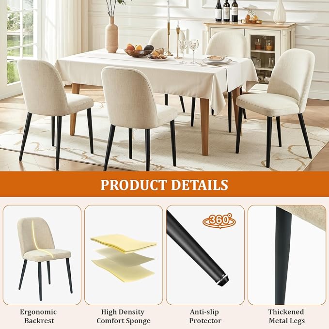 Upholstered Dining Chairs Set of 2, Mid Century Modern Fabric Dining Room Chair High-Back Padded Kitchen Chairs with Padded Seat and Metal Legs for Kitchen Dining Room Restaurant Cafe, Beige