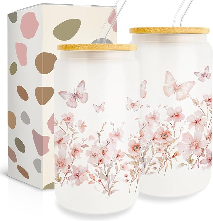 Butterfly Cup With Lids and Straw, Aesthetic Iced Coffee Glass, Butterfly Gifts for Women Friend Sister Her, Colorful Flower Cup, Can Glass