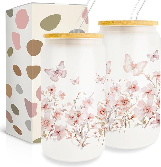 Butterfly Cup With Lids and Straw, Aesthetic Iced Coffee Glass, Butterfly Gifts for Women Friend Sister Her, Colorful Flower Cup, Can Glass