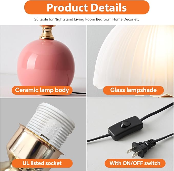 Ceramic Table lamp Set of 2, Modern Bedside Lamps Pink Mid Century Vintage Desk Lamp Retro Glass Mushroom Traditional Lamp for Nightstand Living Room Bedroom Home Decor (S05PK-2PACK)