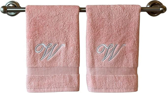 Pink Monogrammed Hand Towels for Bathroom - Luxury Hotel Quality Personalized Initial Embroidered Towel for Powder Room, Spa - GOTS Organic Certified - Set of 2 White Letter W