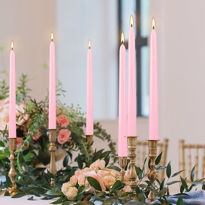 24 Pack Pink Taper Candles, 7-8 Hours Burn Time, Unscented, Smokeless and Dripless, 0.75 x 10 Inch Dinner Candle Set for Valentine's Day,Household, Wedding, Party and Home Décor Candlesticks