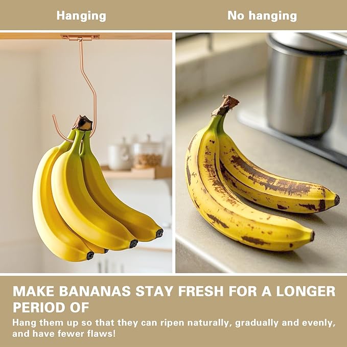 Banana Hanger Hook – Space Saving Banana Holder Hanger to Keep Bananas Fresh, Self Adhesive and Screw Banana Hook 3Pack Rose Gold