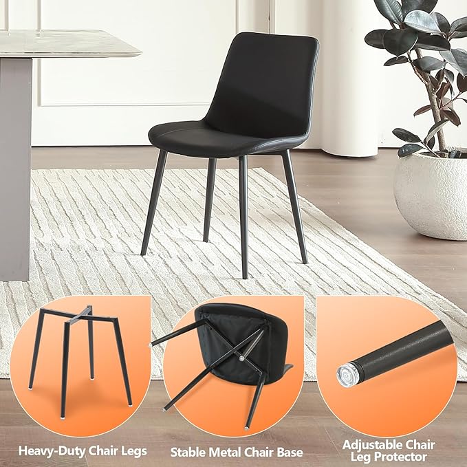 Black Leather Dining Chairs Set of 2, Mid Century Modern Faux Leather Kitchen & Dining Room Chairs, Comfortable Dinner Chair Kitchen Chairs for Restaurant Living Room, Cafe, Home (2, Black)