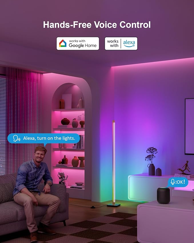 Gold Floor Lamp with Remote, Aluminum LED Corner Floor Lamp with Alexa, Smart Corner Lamp with DIY Music Sync and 16 Million Colors, 3000K and RGB CCT Standing Lamp for Bedroom Living Room
