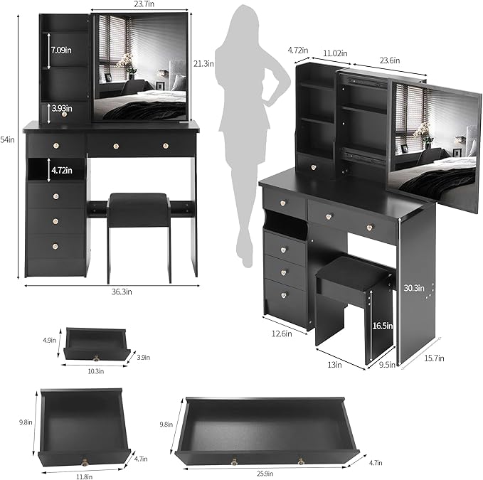 KEIKI Vanity Desk with Sliding Mirror & Cushioned Stool, 37'' Makeup Dressing Table Set for Bedrooms, Dorms, Apartments, Black