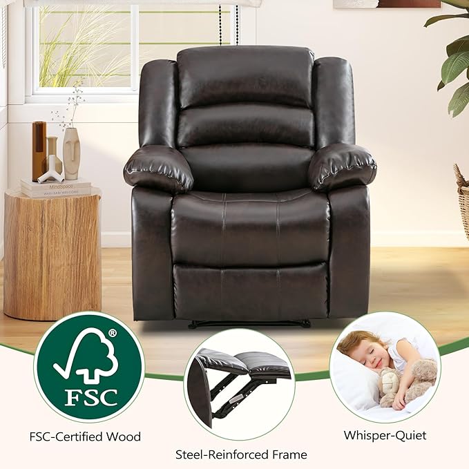 ANJ Manual Recliner Chair Set of 2, Breathable Faux Leather Reclining Chairs with Overstuffed Arm and Back, Living Room Single Sofa Recliners (Dark Brown)