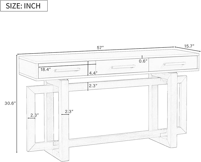 Knocbel Long Console Table with 3 Drawers and Handle, Elegant Entryway Sofa Table End Table with Cross Sled Base for Living Room Foyer, Corridor 15.7" D x 57" W x 30.6" H Antique Gray
