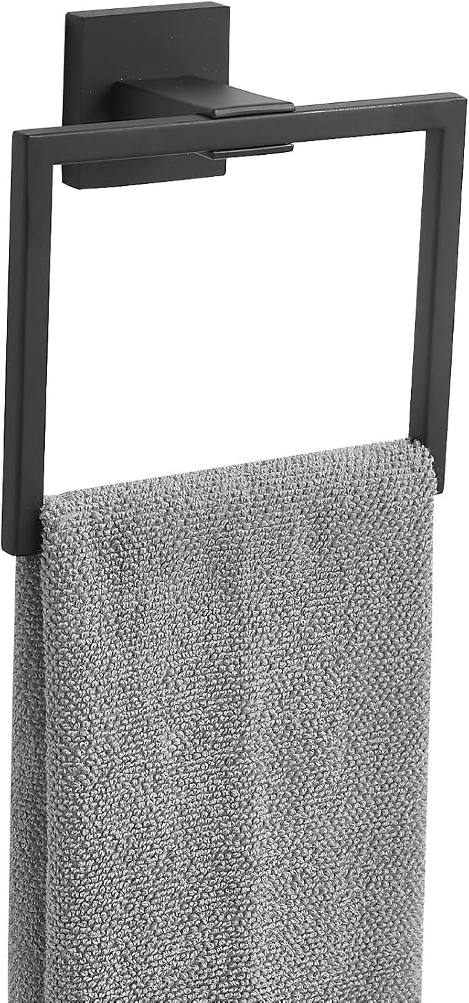 GGStudy Matte Black Square Towel Ring Hand Towel Holder for Bathroom Solid SUS 304 Stainless Steel, Kitchen Bath Towel Holder Hangers Heavy Duty Storage Round Wall Mount