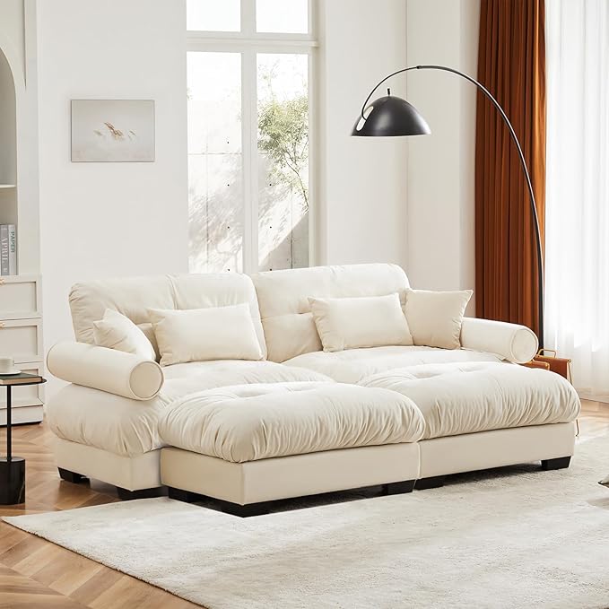 93.7" Loveseat Sofa, 2 Seater Modular Sectional Sofa, Beige White Large U Shaped Sectional Couches for Living Room, Fluffy Couch, Love Seat, Velvet Cloud Couch with Ottoman, Deep Seat for Living Home