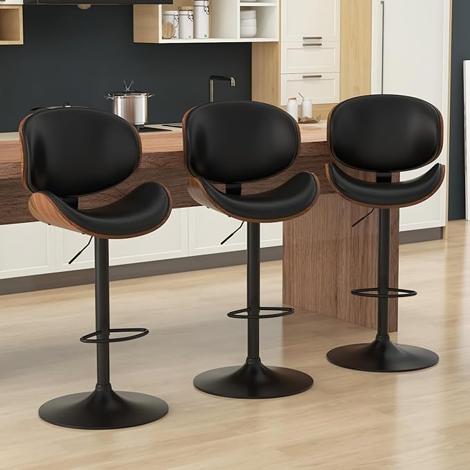 KCC Bar Stools, Swivel Adjustable Height Barstools, PU Leather Upholstered Bar Chairs with Footrest, Bentwood Bar Stool for Kitchen, Bar, Dining Room(Black PU)