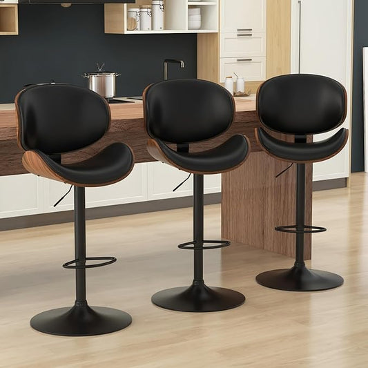 KCC Bar Stools Set of 3, Swivel Adjustable Height Barstools, PU Leather Upholstered Bar Chairs with Footrest, Bentwood Bar Stool for Kitchen, Bar, Dining Room(Black PU)