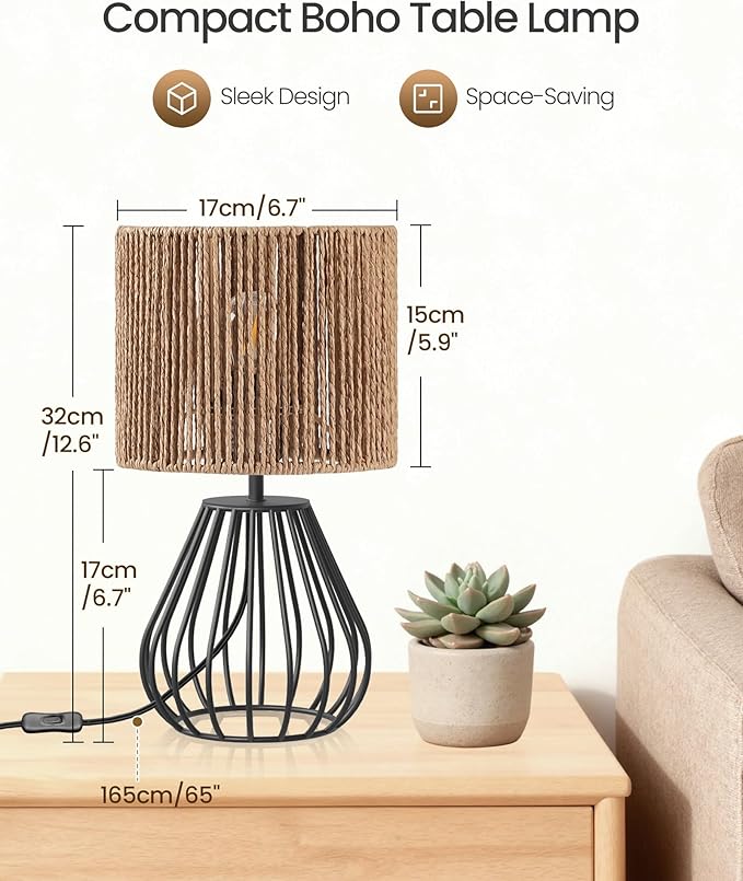 Small Bedside Lamp, Boho Table Lamp with Handwoven Paper Lampshade & Black Metal Base, Rattan Desk Lamp, Modern Nightstand Lamp for Bedroom, Living Room, 2700K LED Bulb Included, SW06TL05