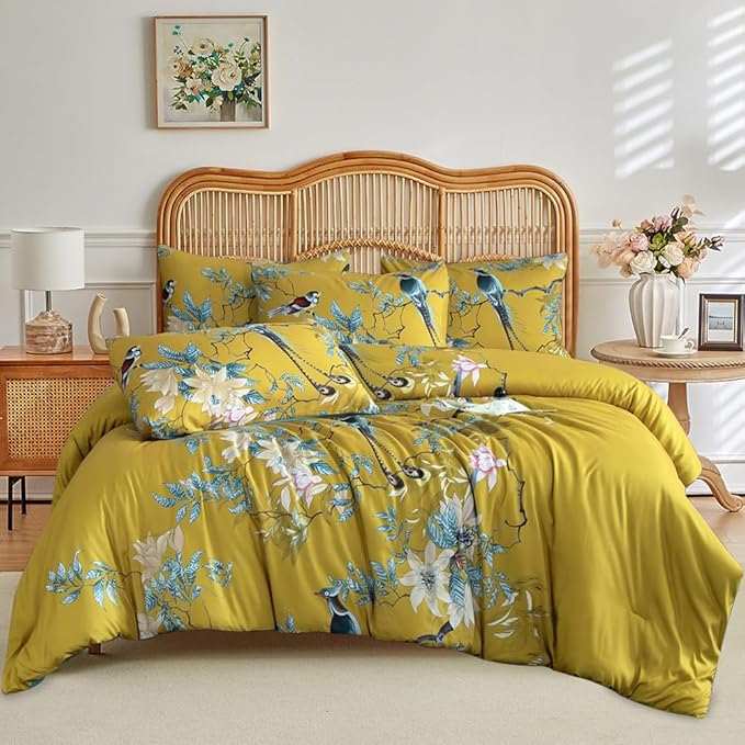 EAVD Queen Comforter Set Floral Vintage Garden Floral Bedding Set Soft Microfiber Yellow Comforter with 2 Pillowcases Gorgeous Floral Cute Bird Comforter Set for All-Season