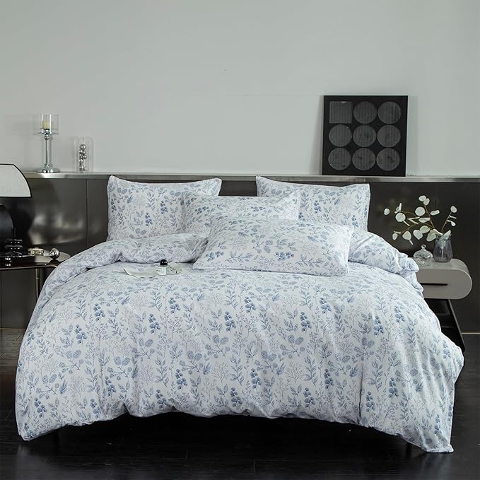 Floral Comforter Set - 3 Pieces Soft Cute Bedding Comforter and 2 Pillowcases Garden Style Blue Flower Print Botanical Comforter Full for All Seasons