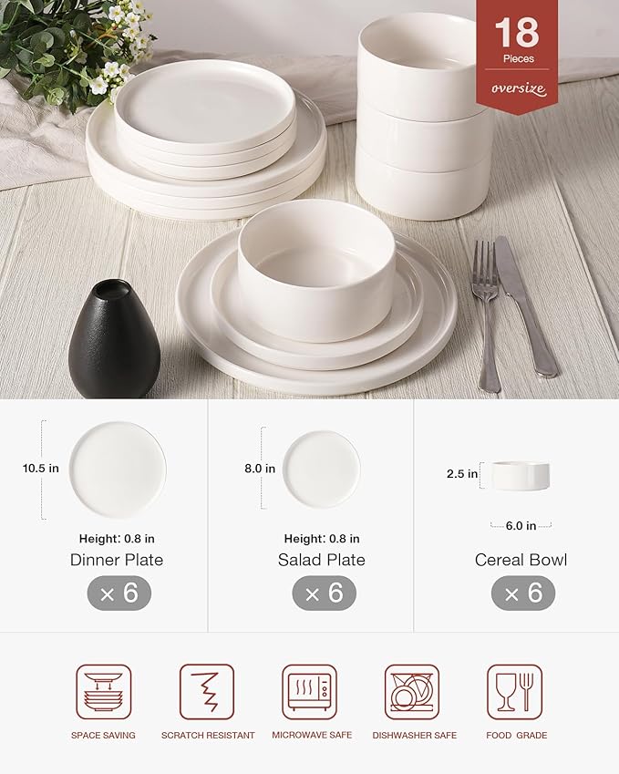Famiware Porcelain Dinnerware Set, 18-Piece Modern Plate and Bowl Set, dish set for 6, Microwave and Dishwasher Safe Tableware, White