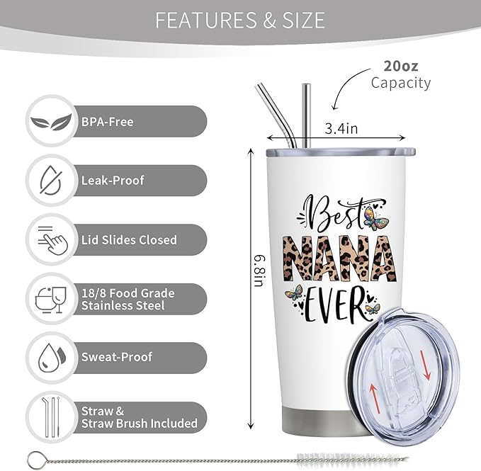 Nana Christmas Gifts, Nana Gifts for Grandma, Birthday Gift for Grandma from Grandchildren, Grandkids, 20 oz Stainless Steel Tumbler With Lid & Straw