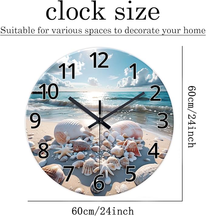 XNM 24 Inch Blue Sea Shell Office Wall Clock Modern Glass Large Wall Clocks Battery Operated Nautical Silent Clock for Wall