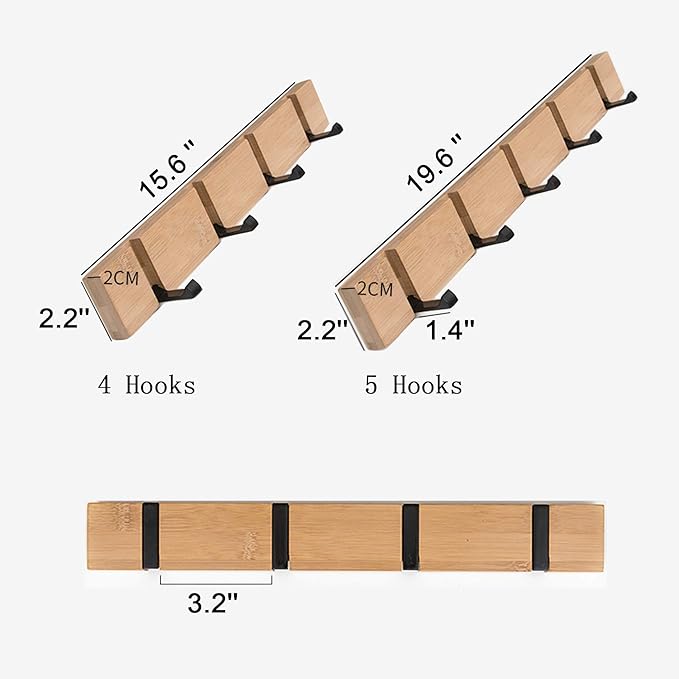 Wall Mounted Coat Rack with Foldable Hooks - Modern Space-Saving Wooden Entryway Organizer for Coats, Bags, Hats, Keys (4 Hooks, White)