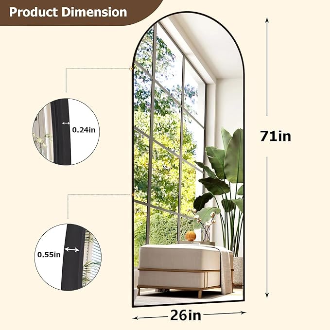 GLSLAND 26" x 71" Arched Full Length Mirror - Black Full Body Mirror - Extra Large Floor Mirrors for Bedroom, Living Room, Bathroom