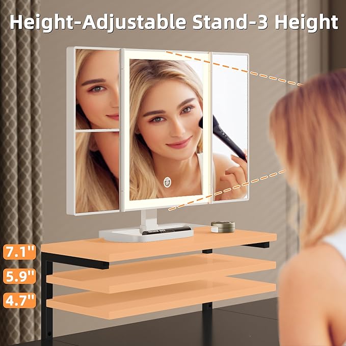 Small Makeup Vanity Desk 27.5''W with Mirror and Lights, Vanity Desk with 3 Fabric Drawers and Height-Adjustable Stand, Vanity Table for Girls Gifts, Bedroom and Small Spaces, Black