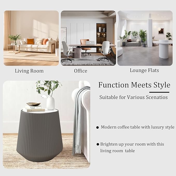 Grey Round Coffee Table with Sintered Stone Tabletop, 17.71" Drum Coffee Table with Fluted PU Leather Covered and Stable Base, Circle Cocktail Tea Table for Living Room