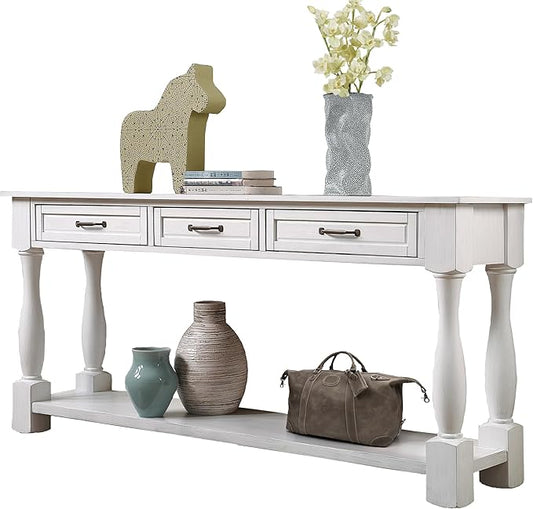 LKTART Solid Wood Console Table for Entryway,Long Sofa Table with 3 Drawers for Hallway,Foyer,Entry,Easy Assembled (63" Antique White)