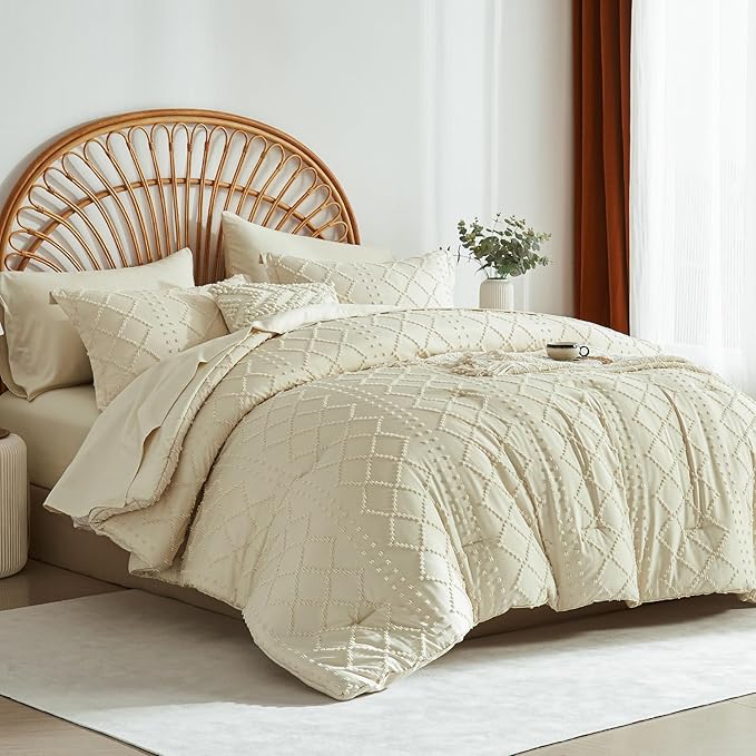 Beige Tufted Comforter Set King Size 7 Piece Bed in a Bag,Shabby Chic Boho Comforter and Sheet Set,All Season Soft Microfiber Complete Bedding Set(Beige,102"x90")
