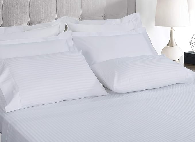Threadmill 100% Cotton Sheets for Queen Size Bed - 600 Thread Count Queen Bed Sheets Set with 16” Deep Pocket - Damask Stripe Sateen Weave 4-Piece Bedding Set with Cooling Effect, White