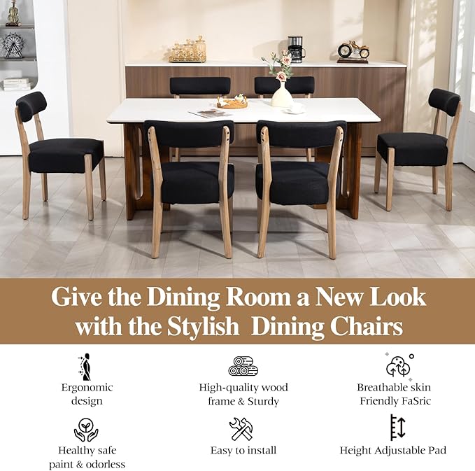 Dining Chairs Set of 4, Mid-Century Modern Wooden Kitchen Chairs with Linen Upholstery - Low-Back Woven Design for Kitchen & Dining Room，Black Fabric