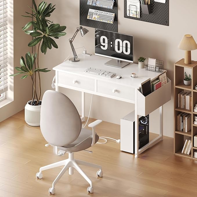White Makeup Vanity Desk No Mirror with Chair, Small Vanity Table Set with Fabric Drawers, Power Outlet & Chair Without Mirror, Modern Make Up Desk for Girls Bedroom