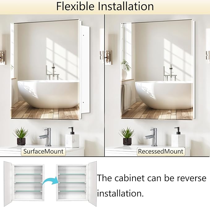 Bathroom Medicine Cabinet with 20x20 in Square Beveled Frameless Mirror,Wall Mounted Mirror Cabinet for Bathroom Toilet Kitchen,Recess or Surface Mount,Already Assembly