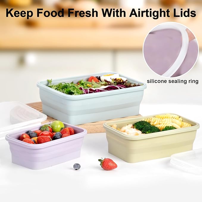 Large Collapsible Food Containers with Lids for Camping & Travel | Leak-Proof Silicone Storage Bowls,2000ml/1200ml/800ml, Dishwasher, Microwave Freezer Safe, Set of 3