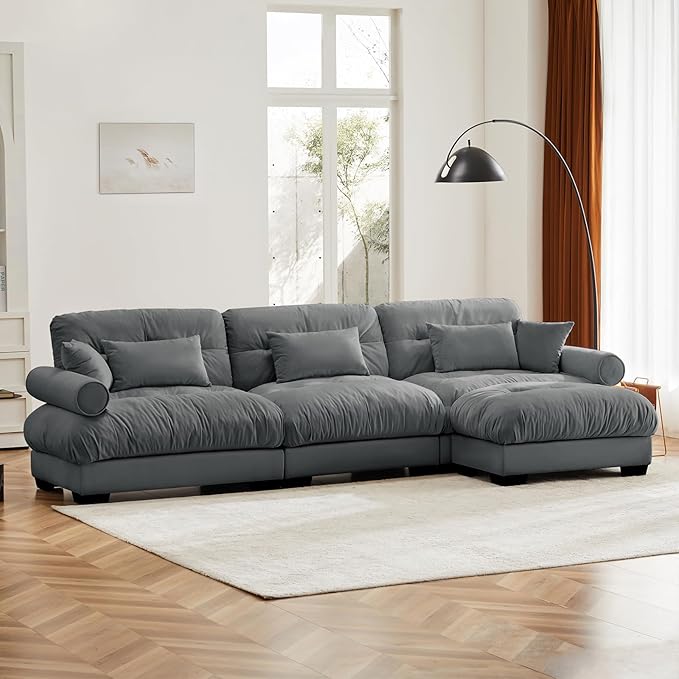 130" Grey Modular Sectional Sofa, 3 Seater Large Sectional Couches for Living Room, Velvet Fabric Oversized Fluffy Cloud Couch with Ottoman, Deep Seat Home Sofas Set, Sofá Moderno, L Shaped