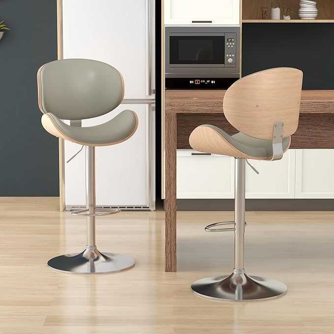 KCC Bar Stools Set of 2, Swivel Adjustable Height Barstools, PU Leather Upholstered Bar Chairs with Footrest, Bentwood Bar Stool for Kitchen, Bar, Dining Room(Grey PU)